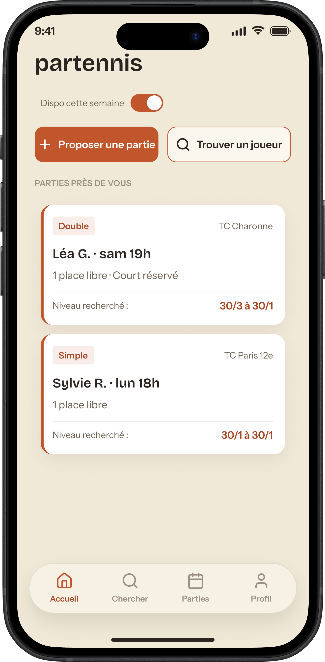 Partennis mobile app home screen with nearby tennis games
