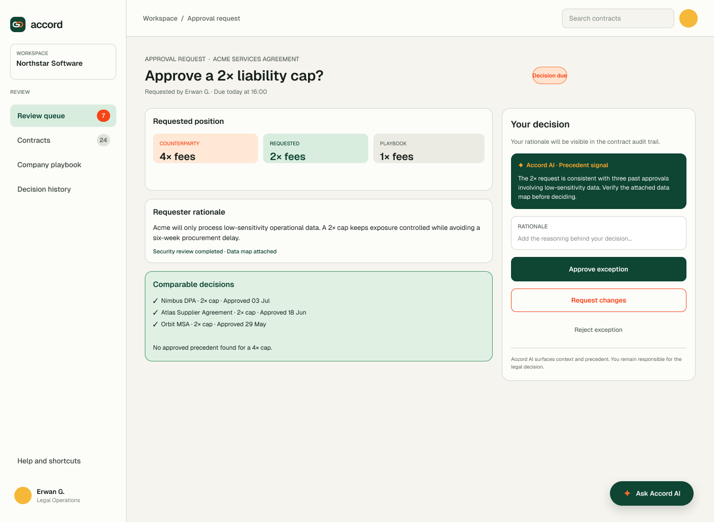 Accord approver view with exception context and decision controls
