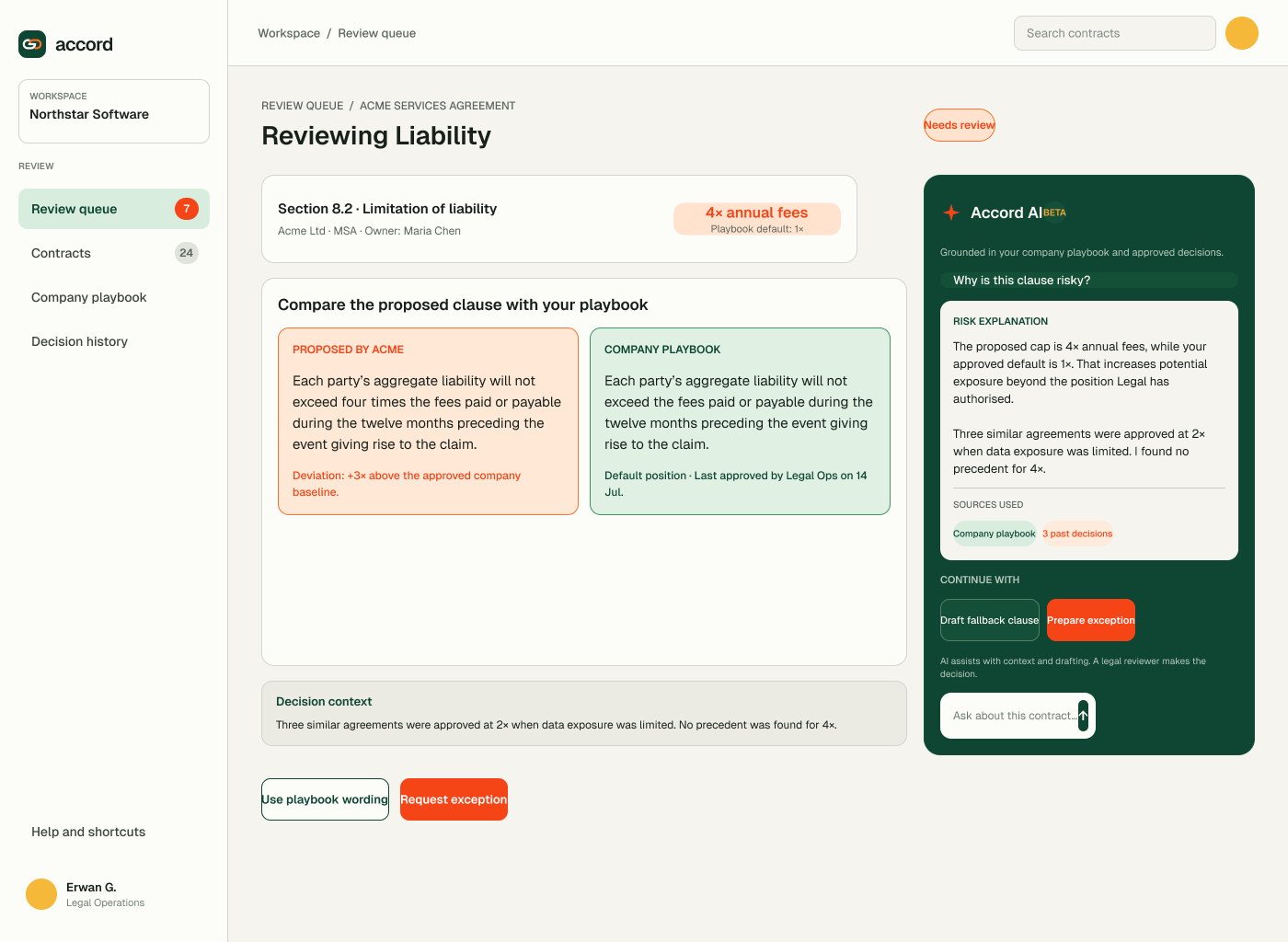 Accord contract review workspace showing a proposed clause, company playbook guidance and sourced AI assistance