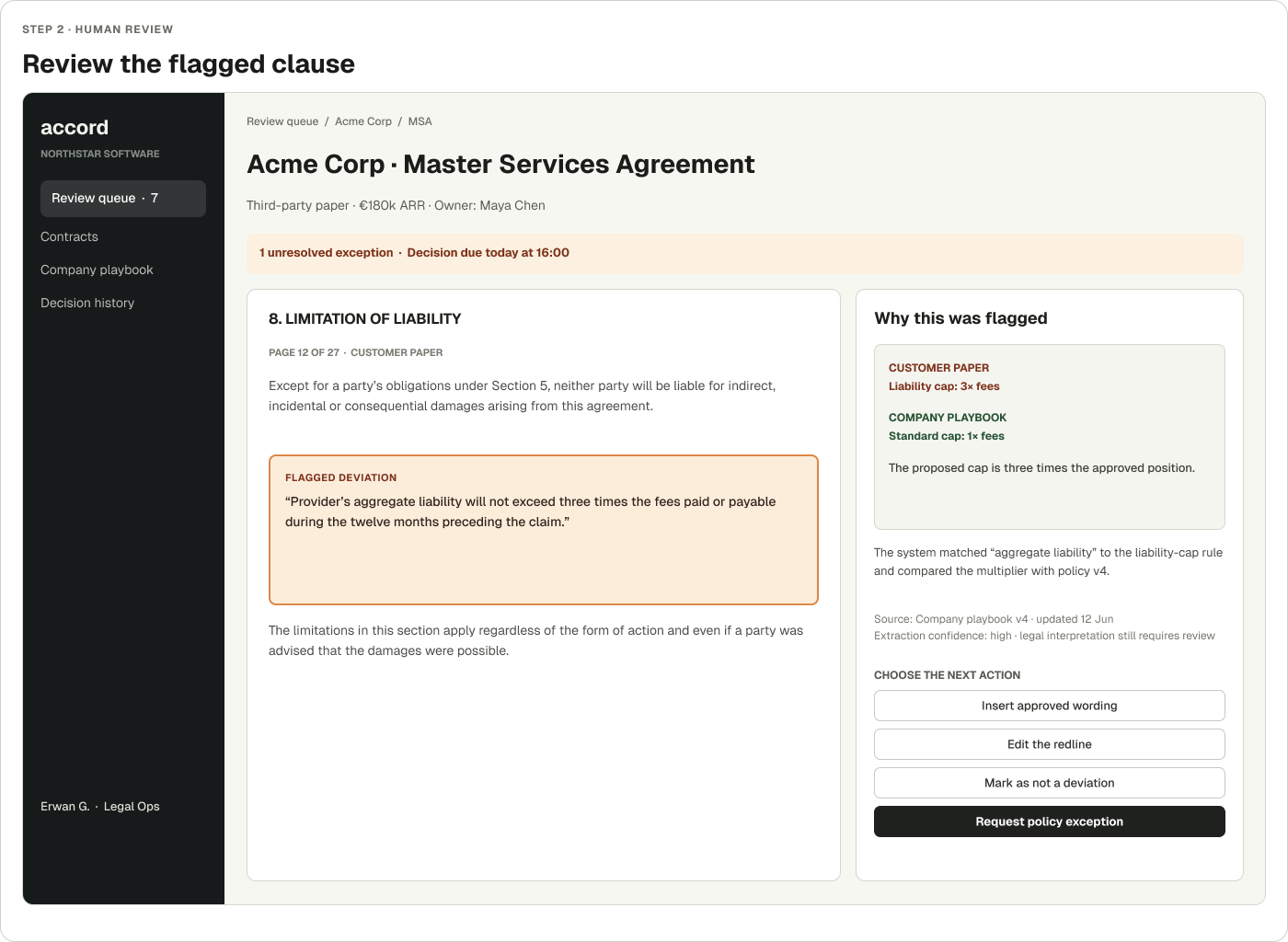 Early low fidelity Accord clause review frame mapping the proposed clause, company policy and reviewer actions