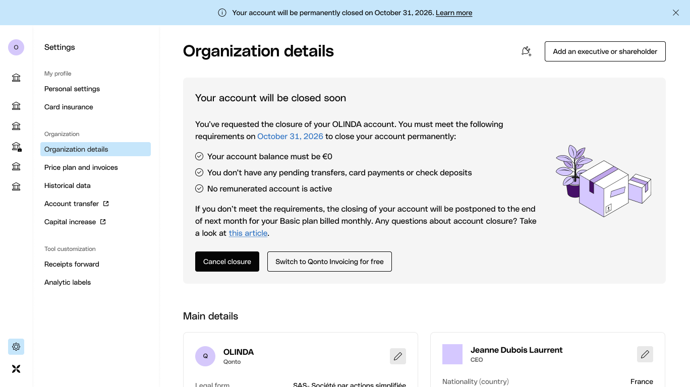 Older Qonto closure page offering Qonto Invoicing as an adjacent product