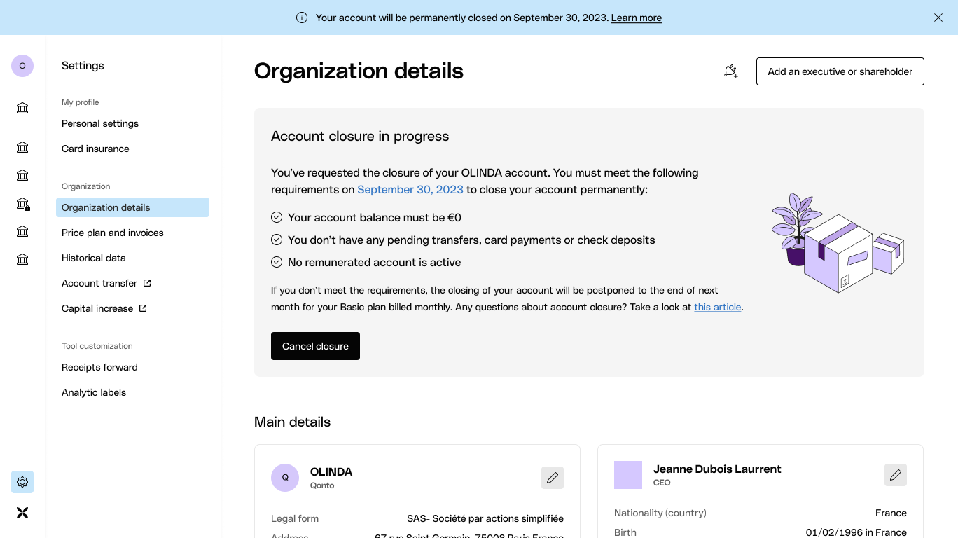 Original Qonto organisation page showing an account closure in progress