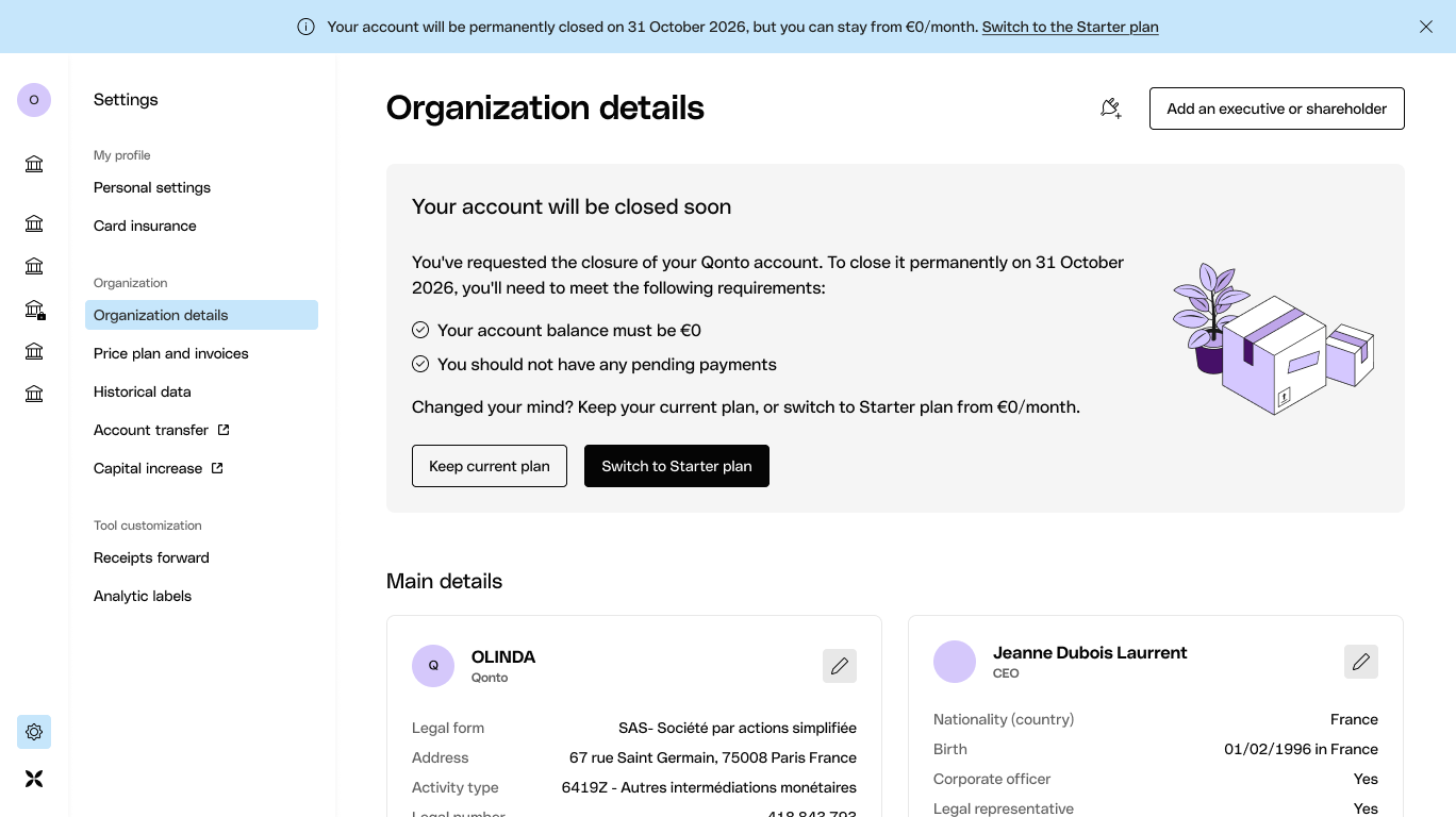 Qonto organisation page with a scheduled closure and actions to keep the current plan or switch to Starter